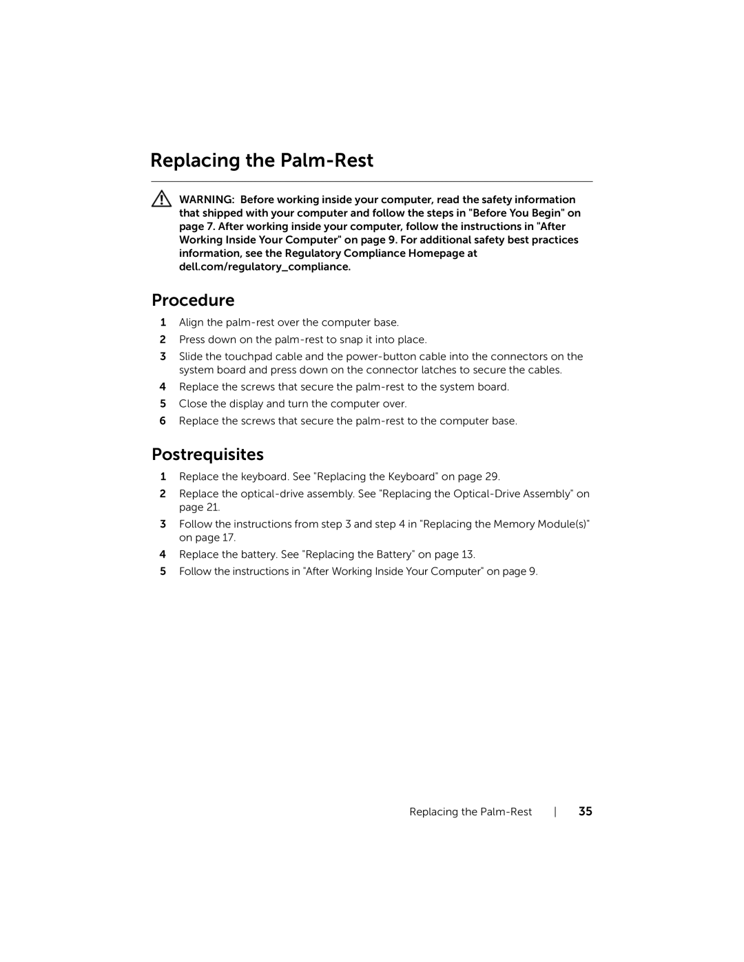 Dell P28F001 manual Replacing the Palm-Rest 