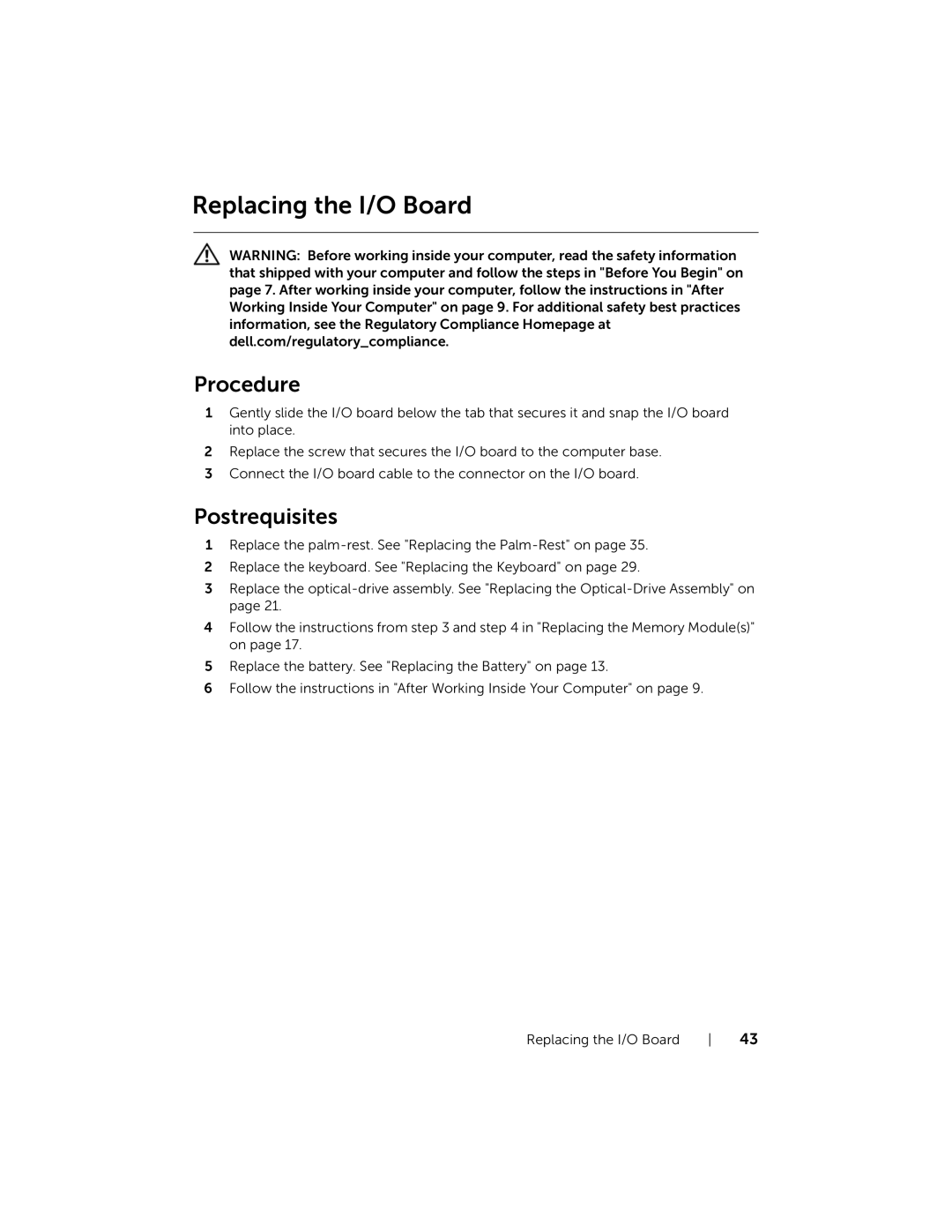 Dell P28F001 manual Replacing the I/O Board 