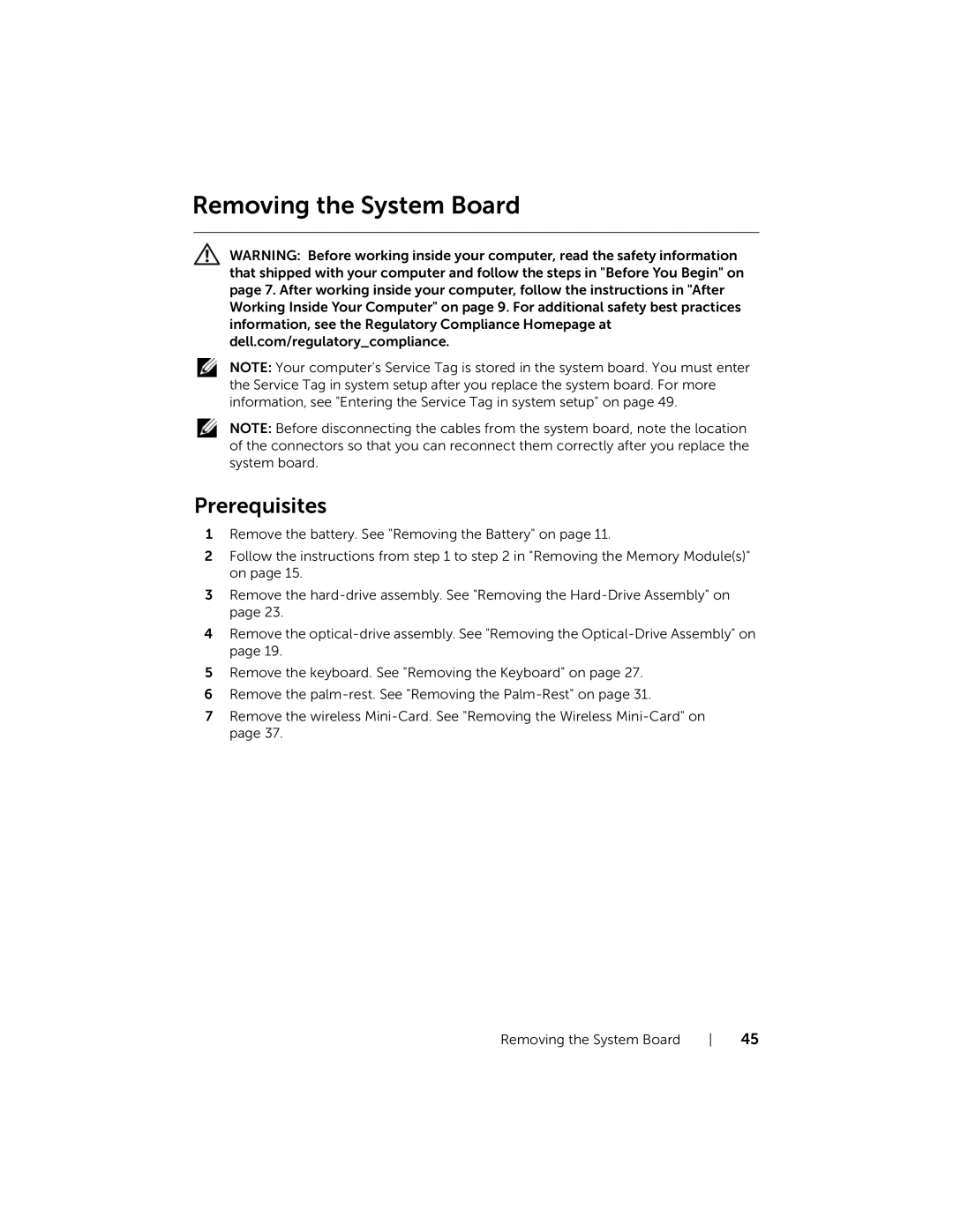 Dell P28F001 manual Removing the System Board 