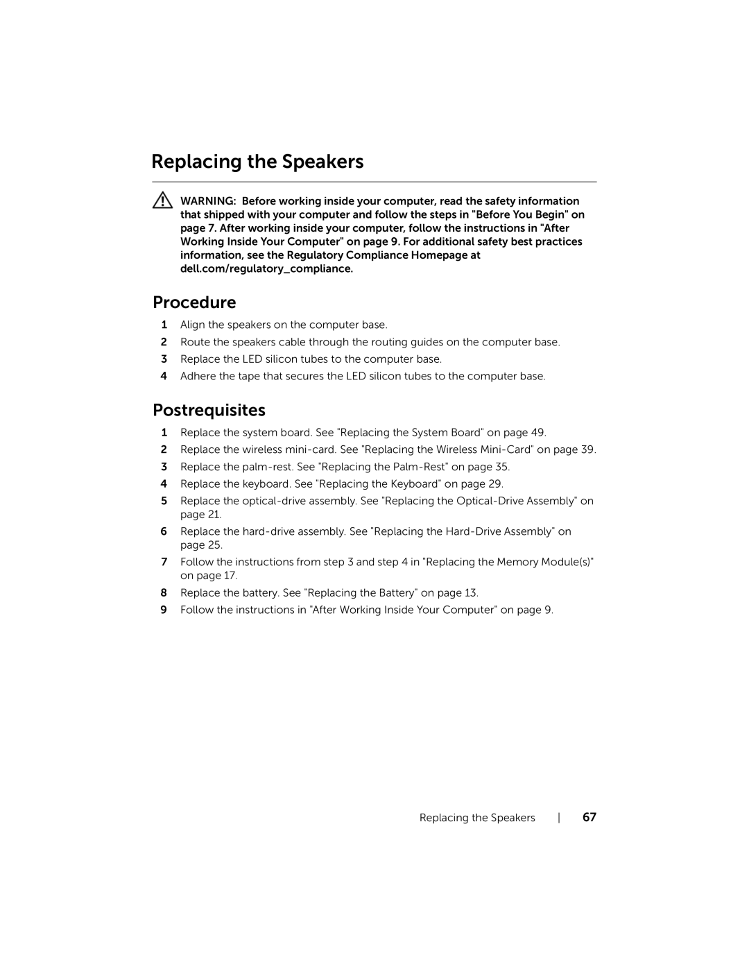 Dell P28F001 manual Replacing the Speakers 