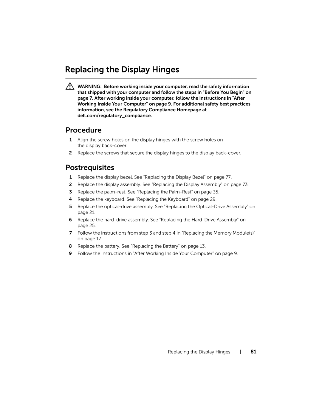 Dell P28F001 manual Replacing the Display Hinges 