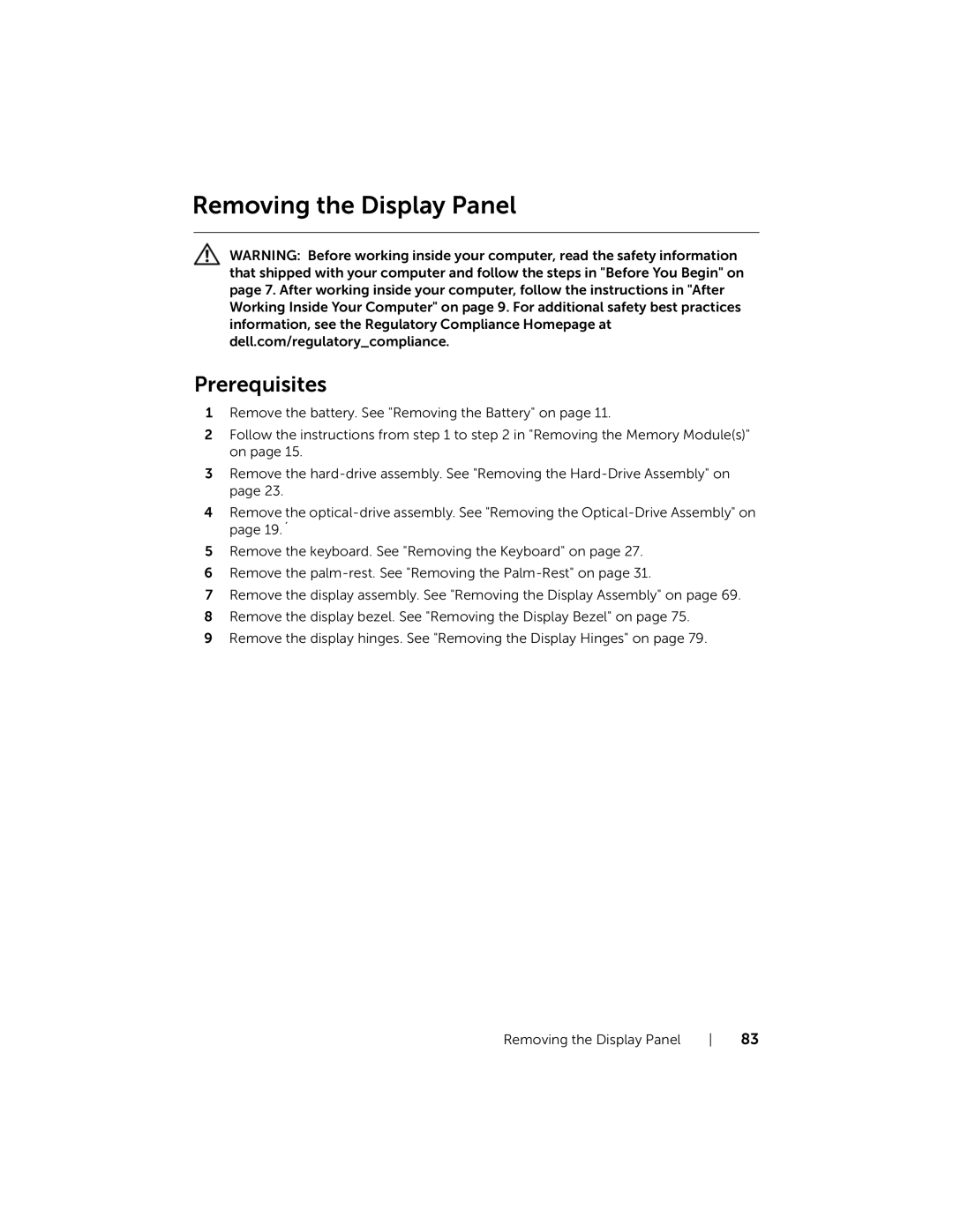 Dell P28F001 manual Removing the Display Panel 