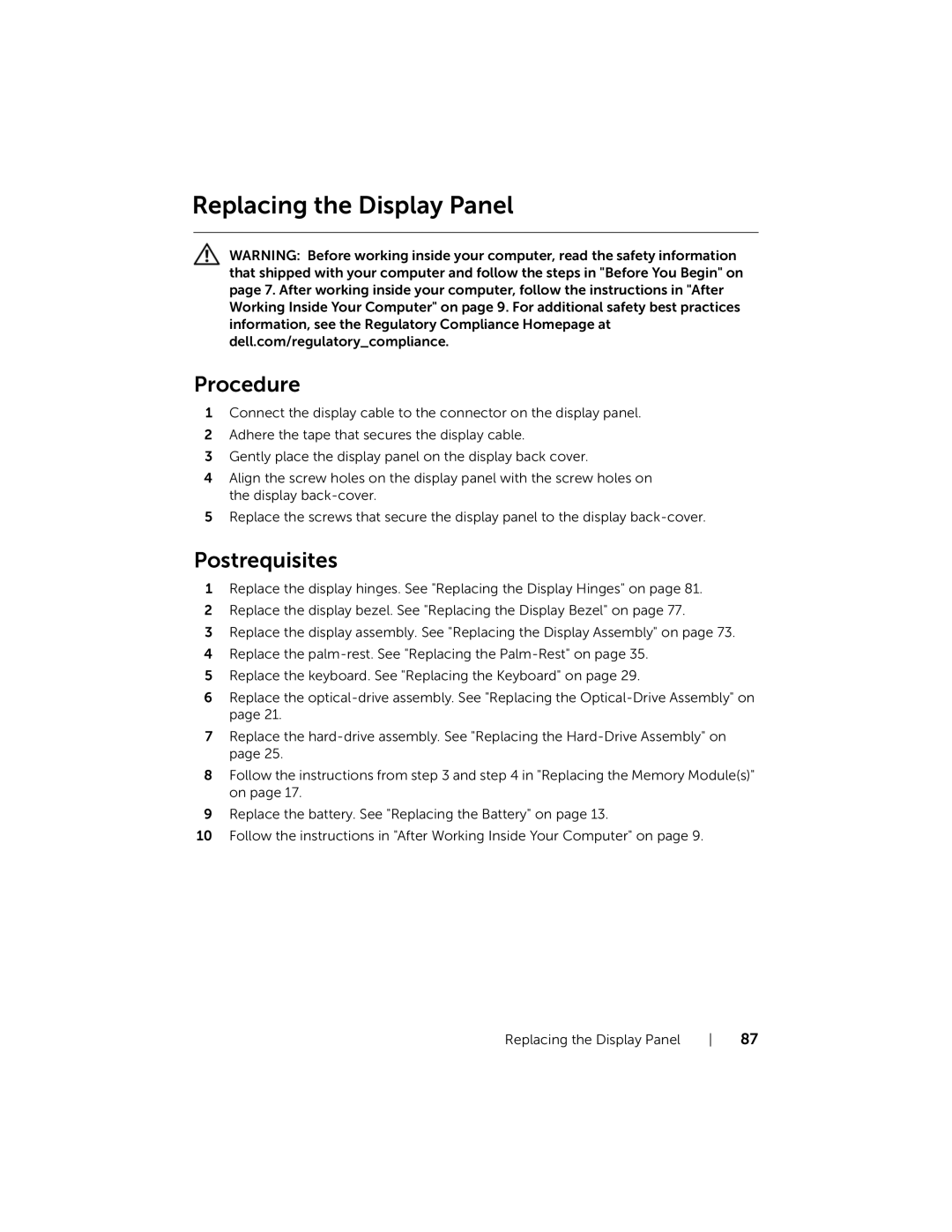 Dell P28F001 manual Replacing the Display Panel 