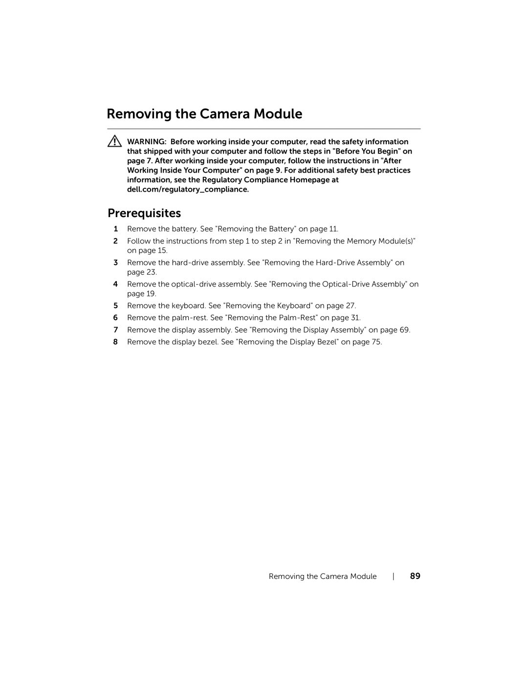 Dell P28F001 manual Removing the Camera Module 