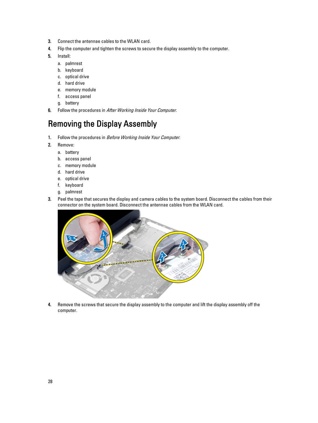 Dell P28F004 owner manual Removing the Display Assembly 