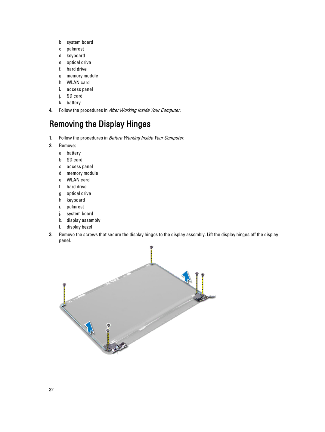 Dell P28F004 owner manual Removing the Display Hinges 