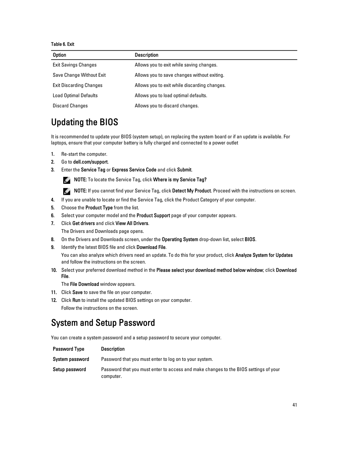 Dell P28F004 owner manual Updating the Bios, System and Setup Password, Password Type 