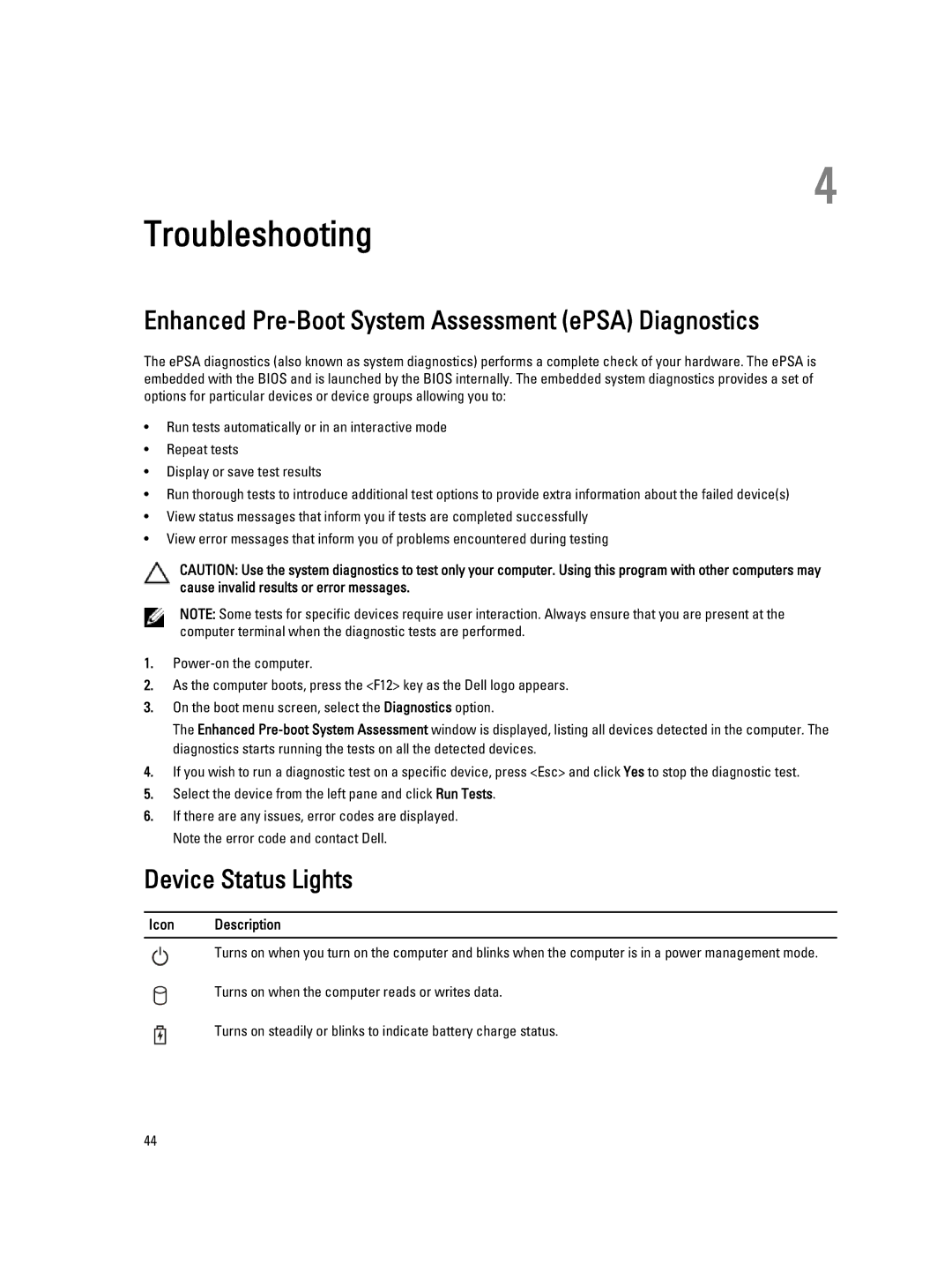 Dell P28F004 owner manual Enhanced Pre-Boot System Assessment ePSA Diagnostics, Device Status Lights, Icon Description 