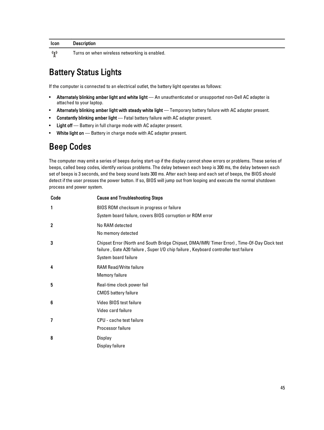 Dell P28F004 owner manual Battery Status Lights, Beep Codes, Code Cause and Troubleshooting Steps 