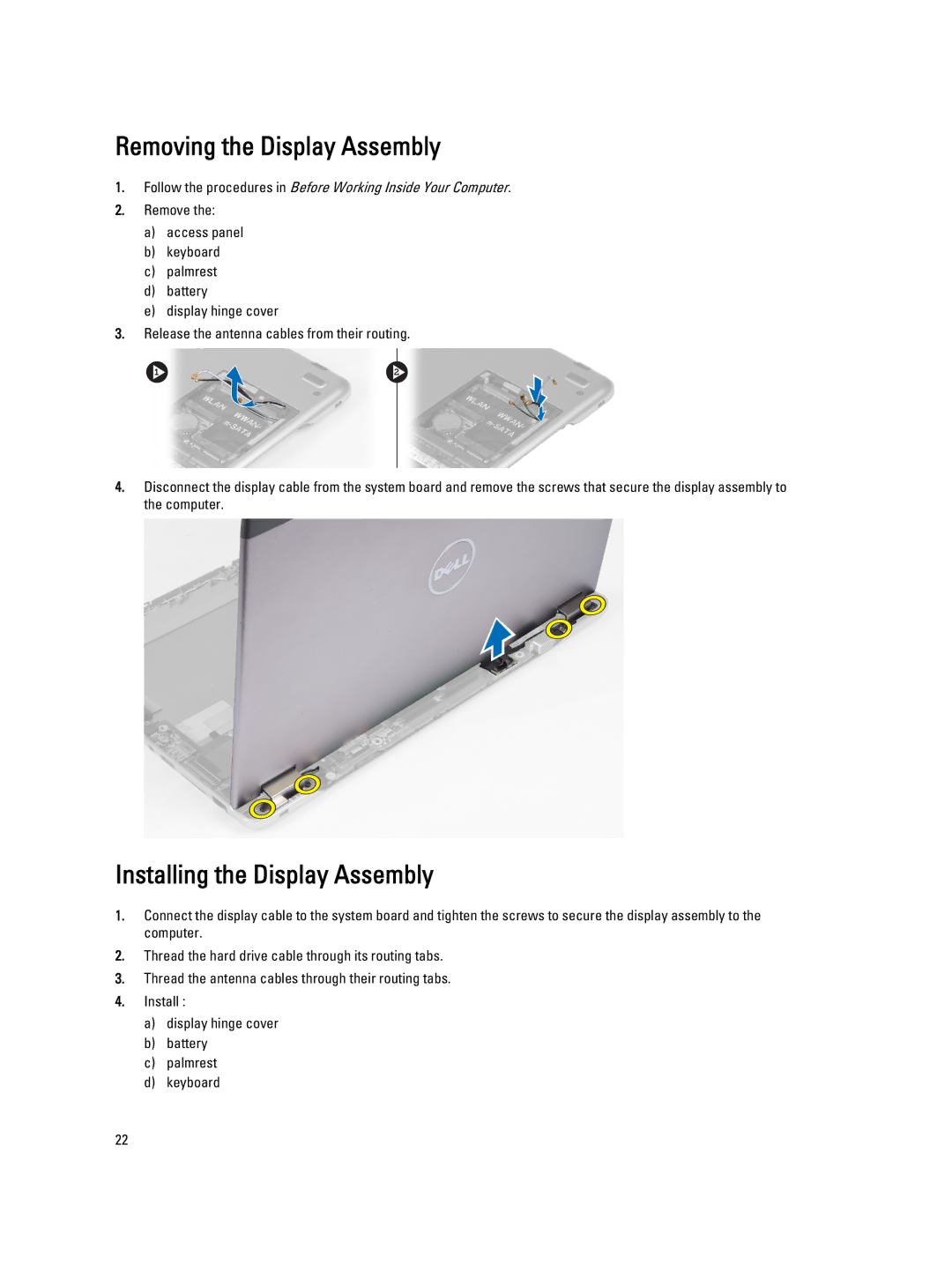 Dell P32G owner manual Removing the Display Assembly, Installing the Display Assembly 