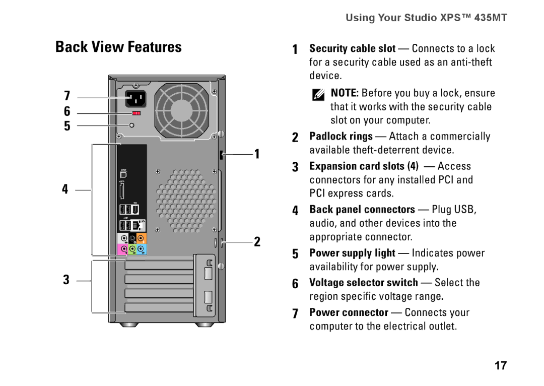 Dell 435MT, P368K, DCMMF setup guide Back View Features 