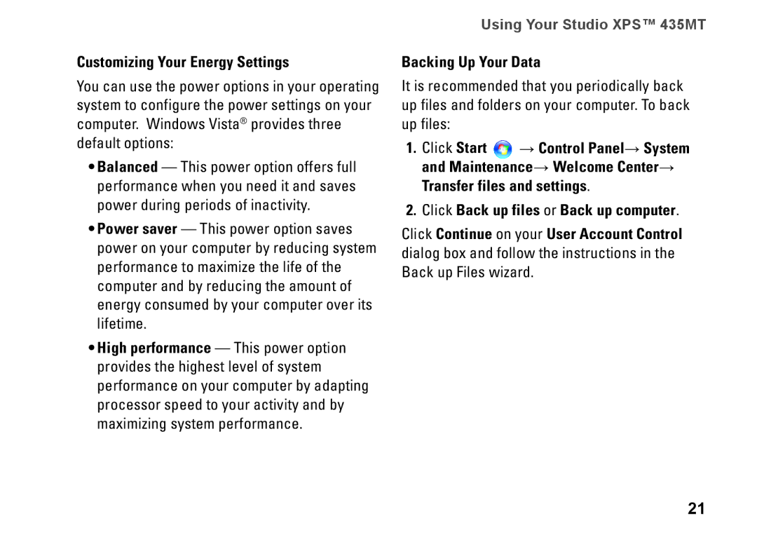 Dell DCMMF, P368K, 435MT setup guide Customizing Your Energy Settings, Backing Up Your Data 