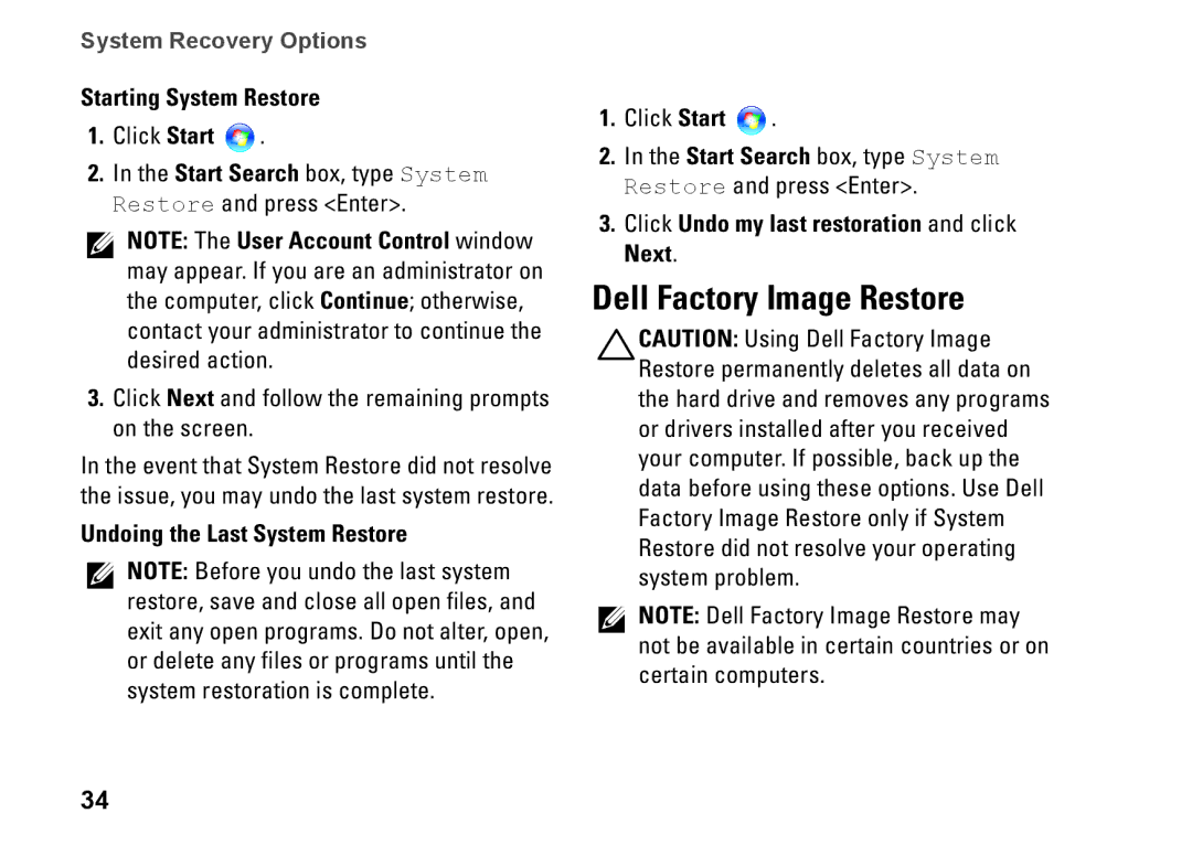 Dell P368K, 435MT, DCMMF setup guide Dell Factory Image Restore, Starting System Restore, Undoing the Last System Restore 