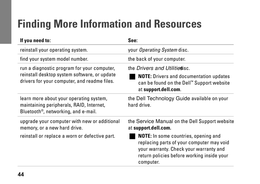 Dell 435MT, P368K, DCMMF setup guide Finding More Information and Resources, If you need to See, At support.dell.com 