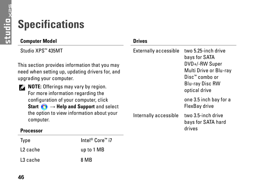 Dell P368K, 435MT, DCMMF setup guide Specifications, Computer Model, Drives 