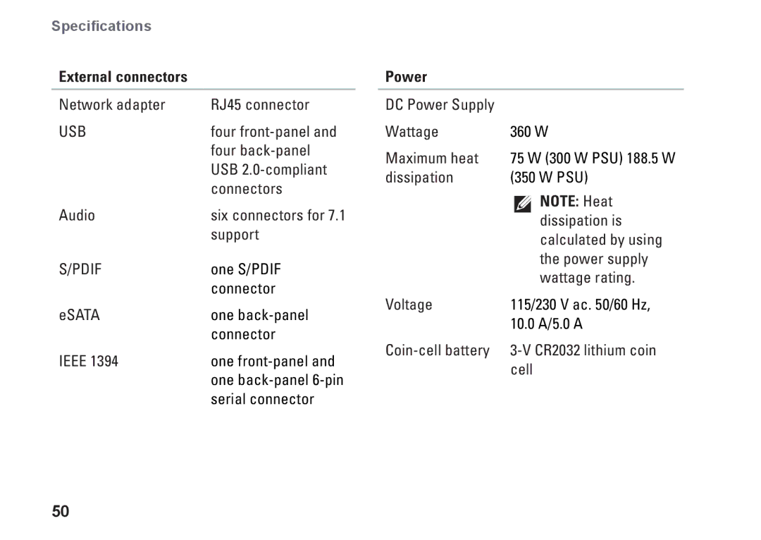 Dell 435MT, P368K, DCMMF setup guide External connectors, Power 