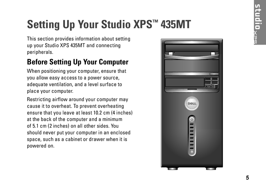 Dell P368K, DCMMF setup guide Setting Up Your Studio XPS 435MT, Before Setting Up Your Computer 