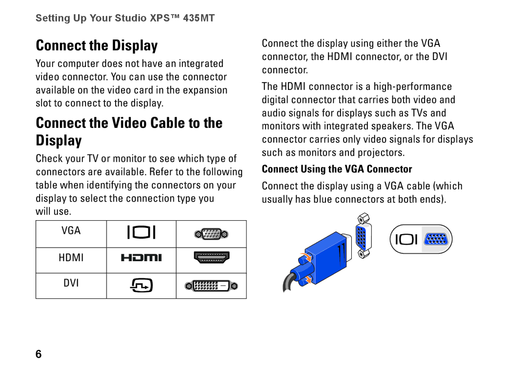 Dell DCMMF, P368K, 435MT Connect the Display, Connect the Video Cable to the Display, Connect Using the VGA Connector 