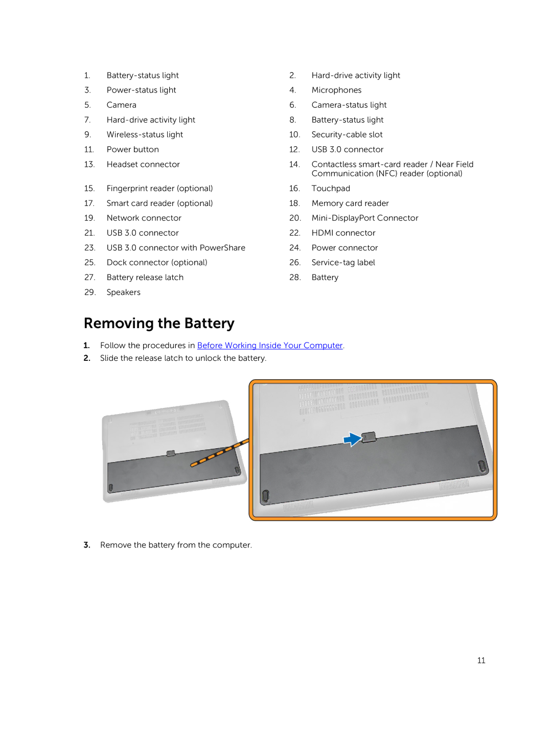 Dell P40G002 owner manual Removing the Battery, Follow the procedures in Before Working Inside Your Computer 