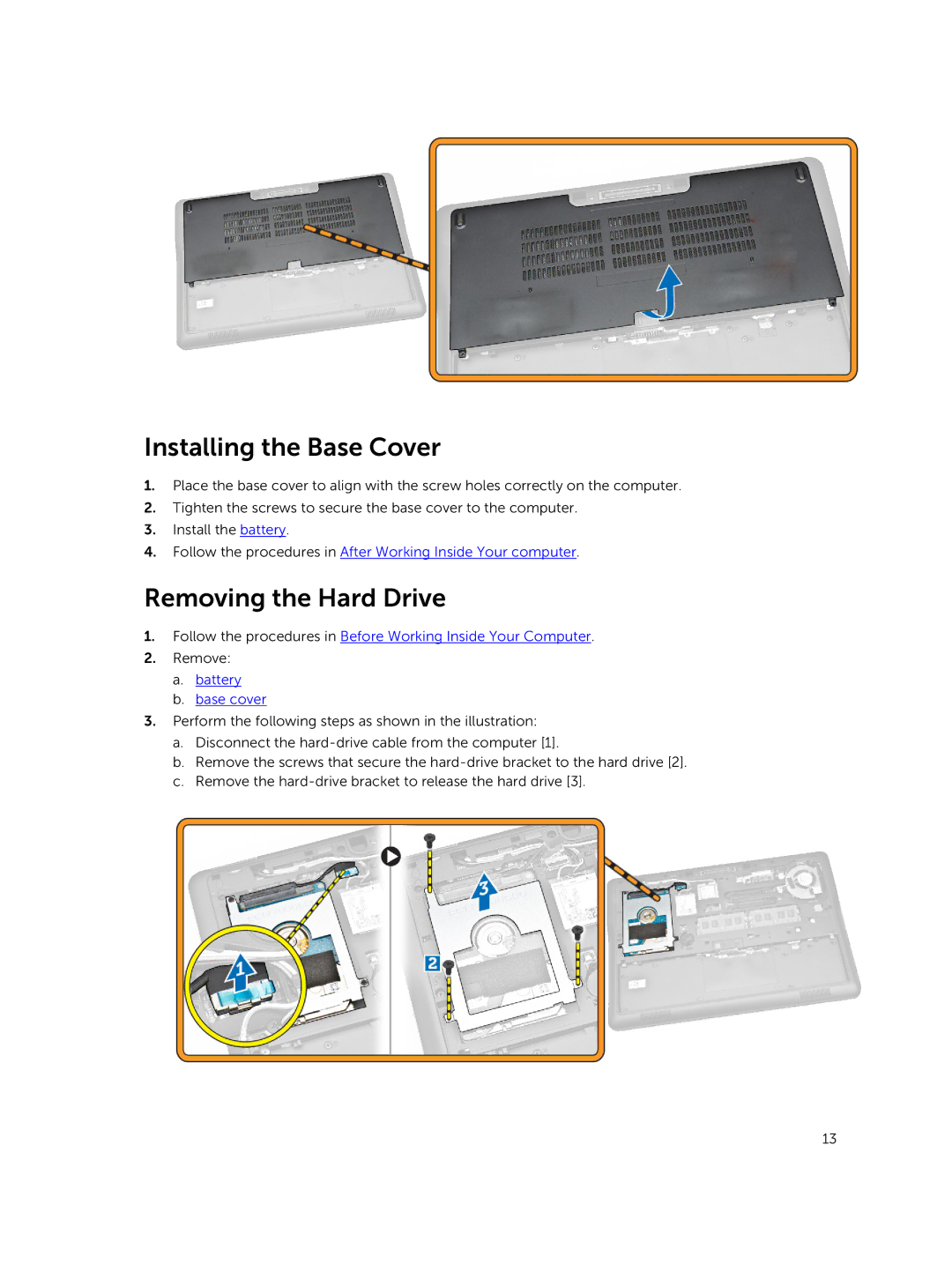 Dell P40G002 owner manual Installing the Base Cover, Removing the Hard Drive, Battery Base cover 