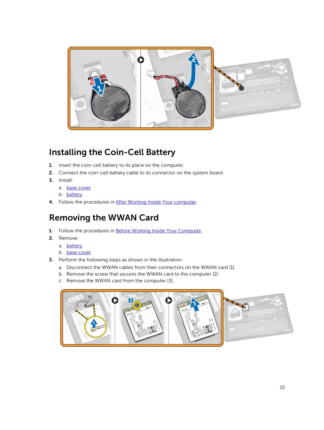 Dell P40G002 owner manual Installing the Coin-Cell Battery, Removing the Wwan Card 