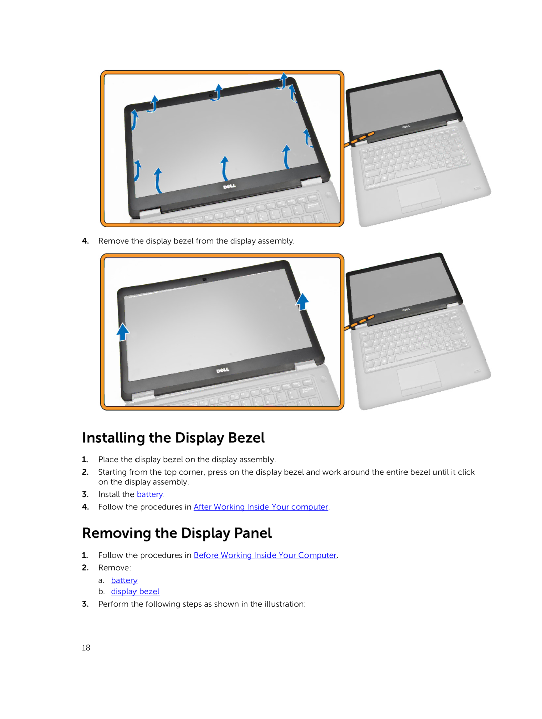 Dell P40G002 owner manual Installing the Display Bezel, Removing the Display Panel, Battery Display bezel 