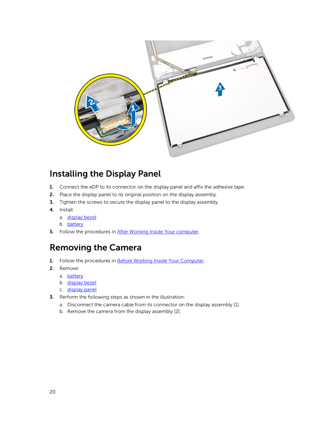 Dell P40G002 owner manual Installing the Display Panel, Removing the Camera, Battery Display bezel Display panel 