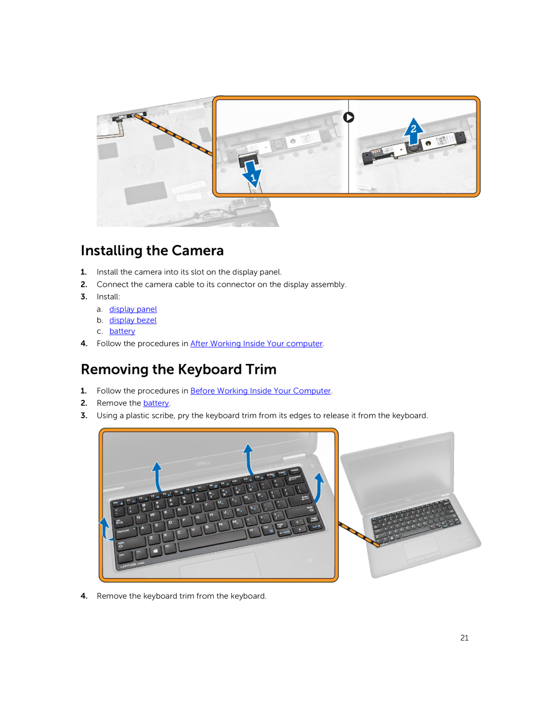 Dell P40G002 owner manual Installing the Camera, Removing the Keyboard Trim 