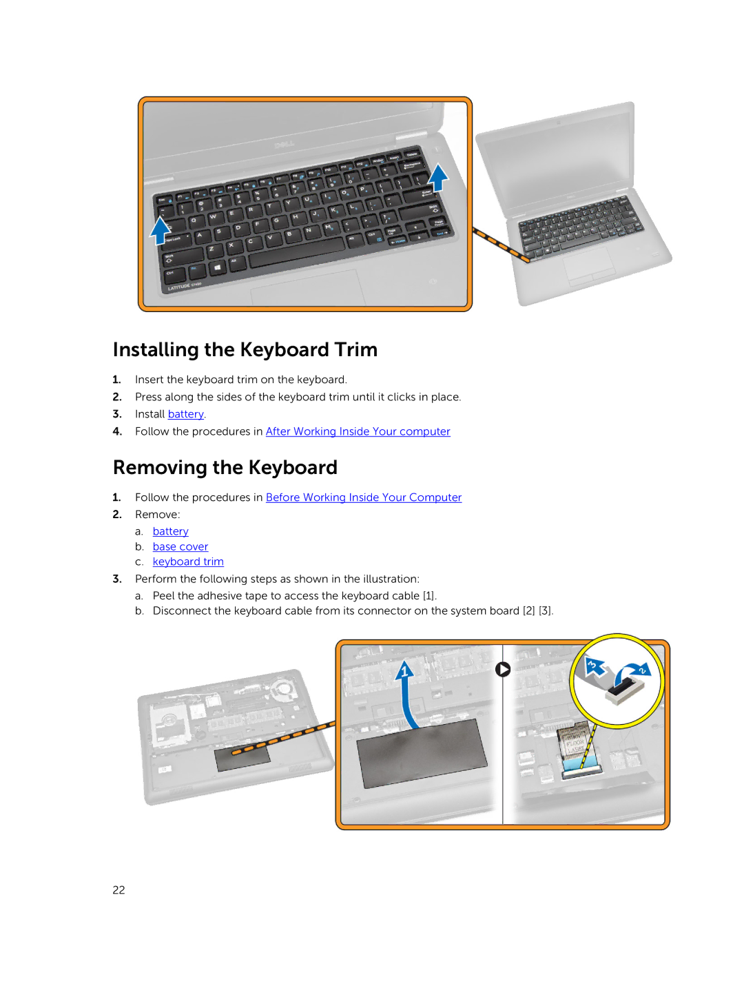 Dell P40G002 owner manual Installing the Keyboard Trim, Removing the Keyboard, Battery Base cover Keyboard trim 