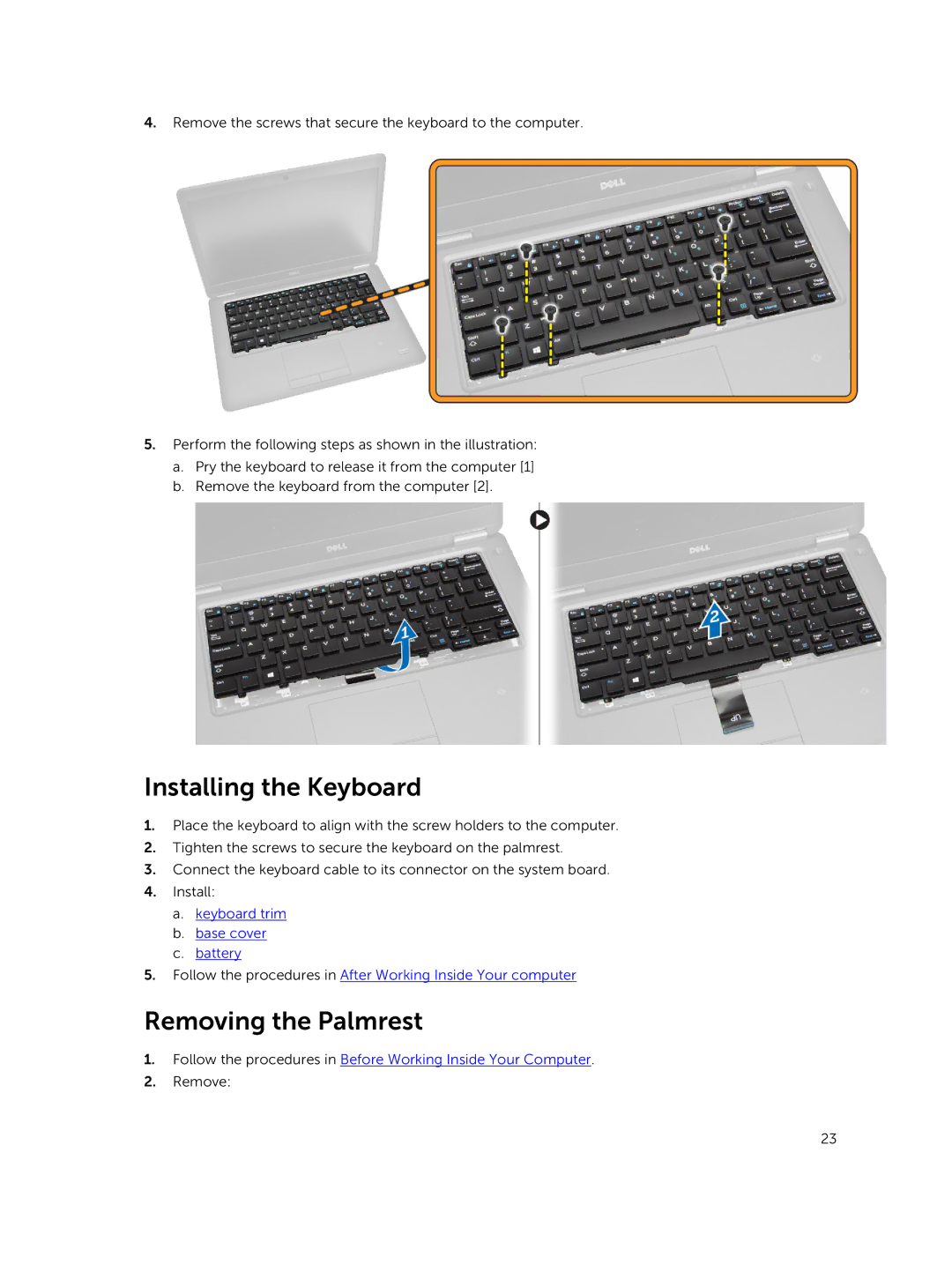 Dell P40G002 owner manual Installing the Keyboard, Removing the Palmrest 