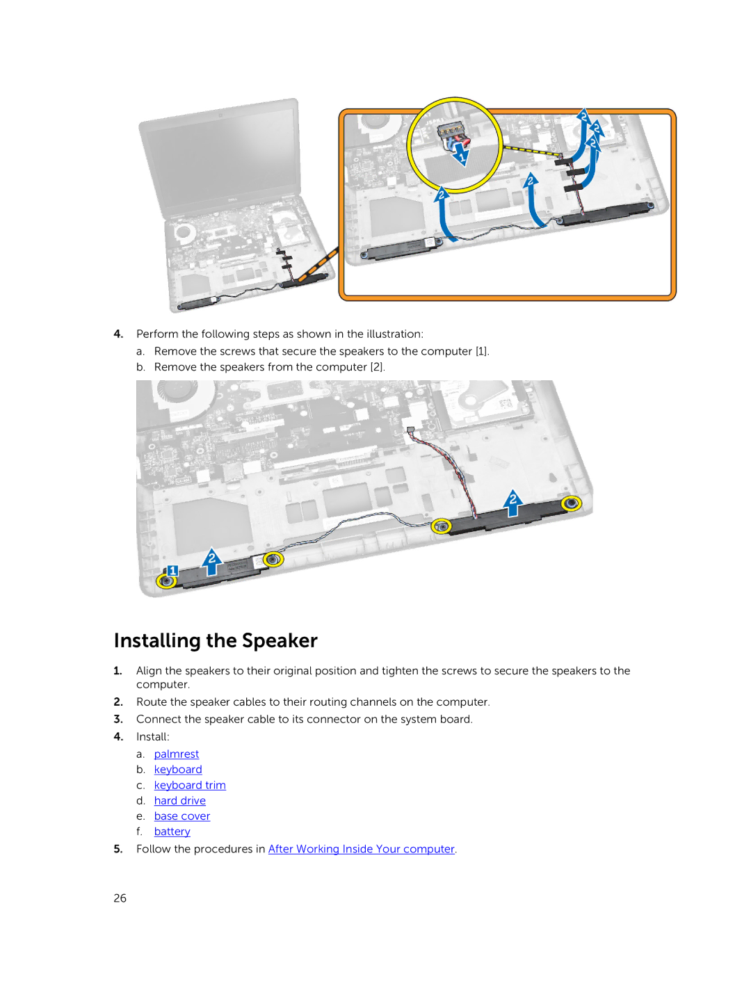 Dell P40G002 owner manual Installing the Speaker 