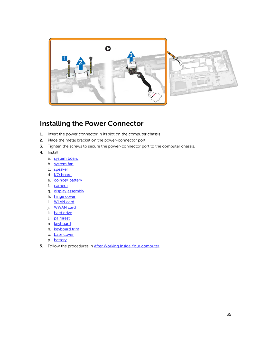 Dell P40G002 owner manual Installing the Power Connector 