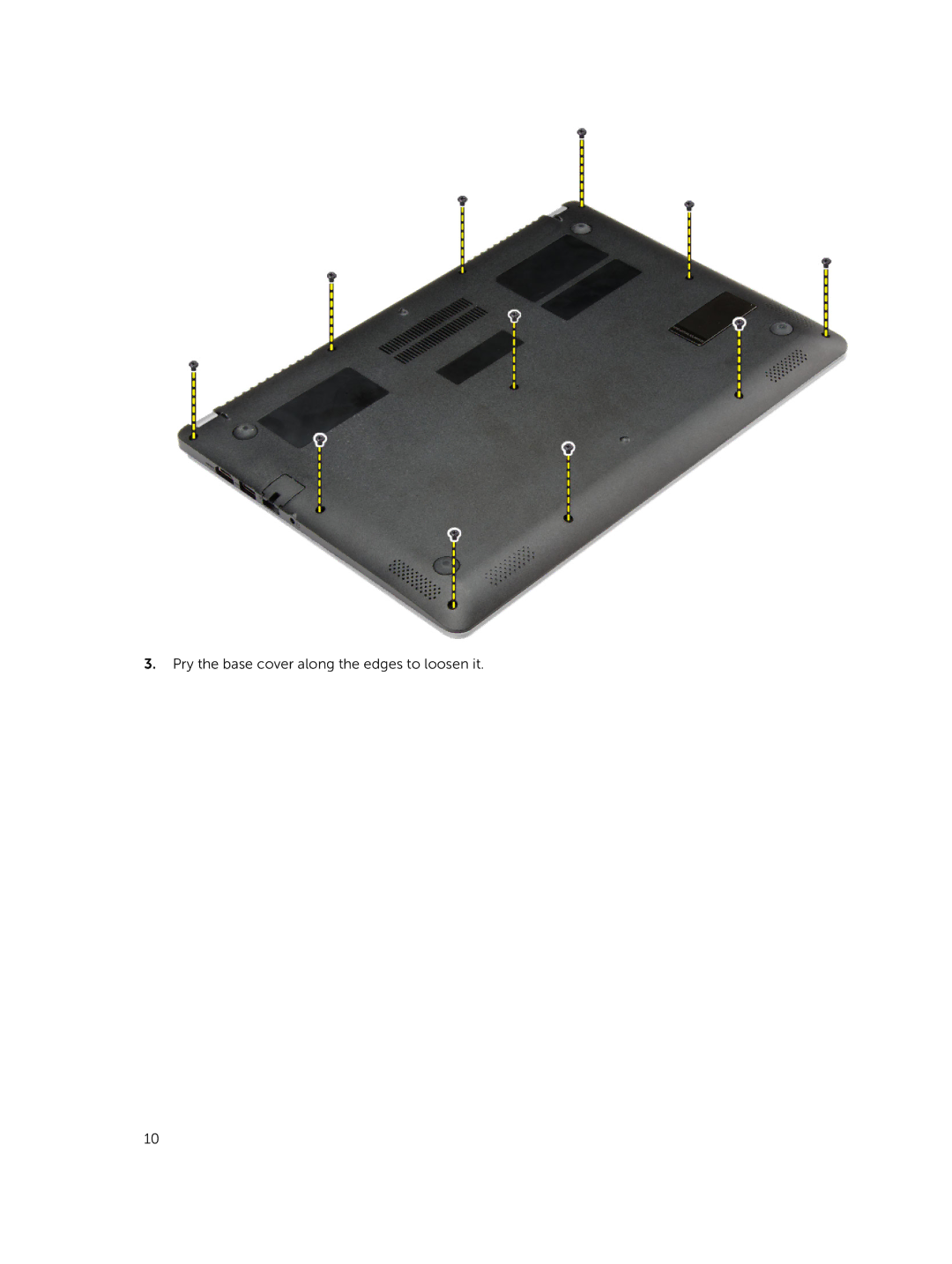 Dell P41G002 owner manual Pry the base cover along the edges to loosen it 