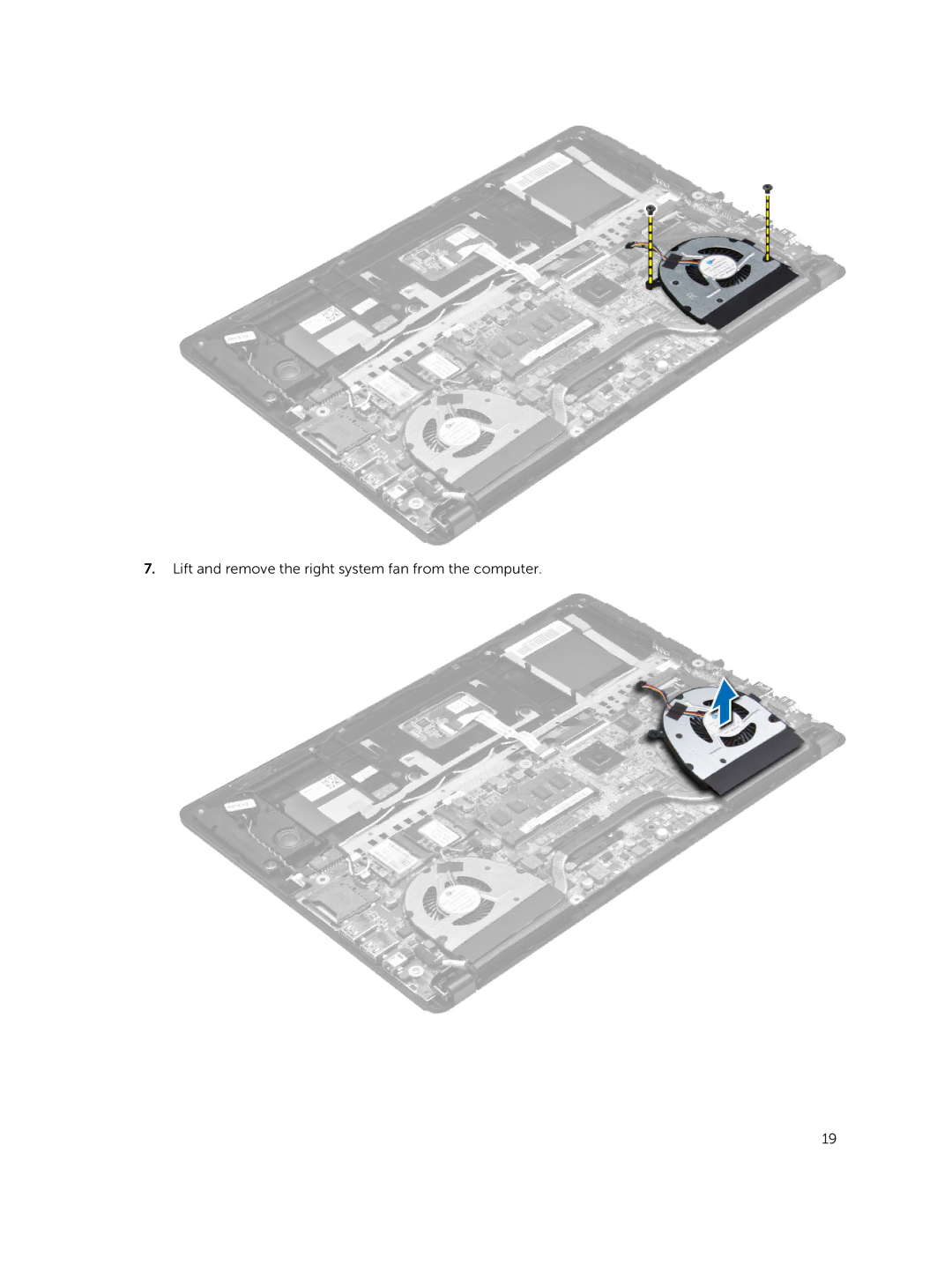 Dell P41G002 owner manual Lift and remove the right system fan from the computer 