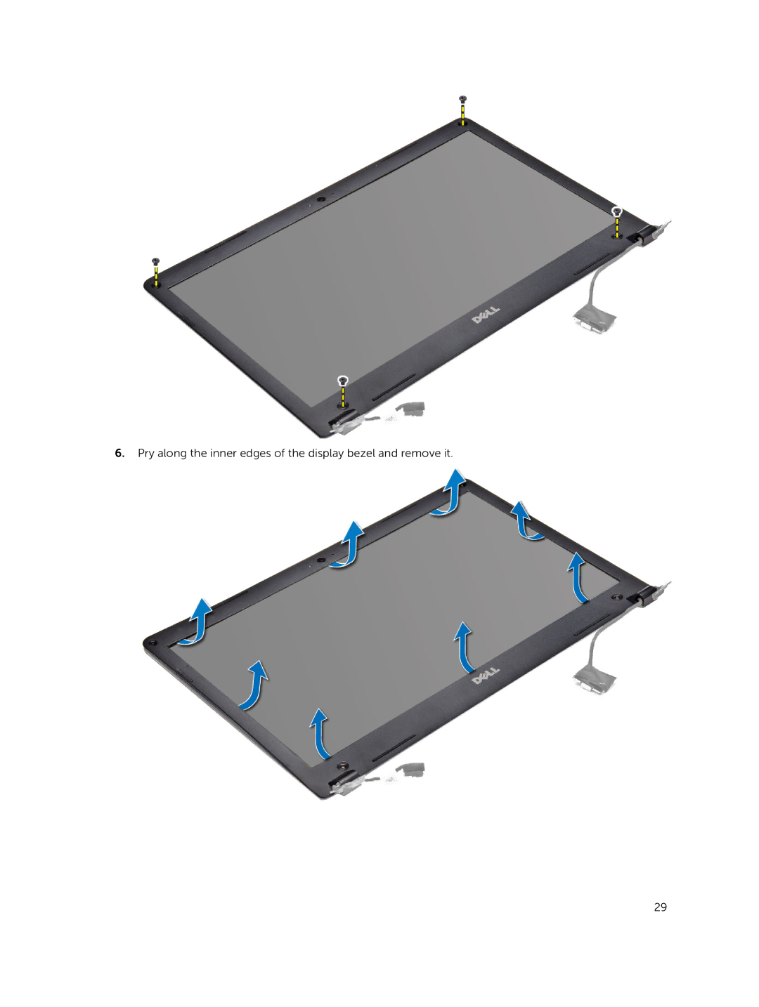 Dell P41G002 owner manual Pry along the inner edges of the display bezel and remove it 