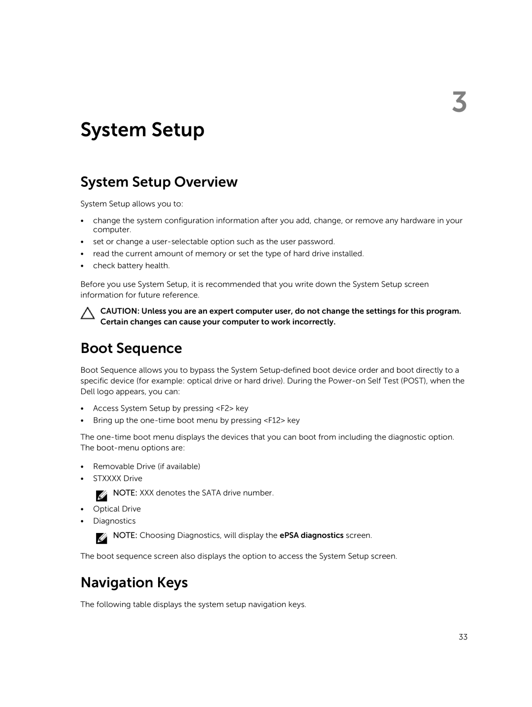 Dell P41G002 owner manual System Setup Overview, Boot Sequence, Navigation Keys 