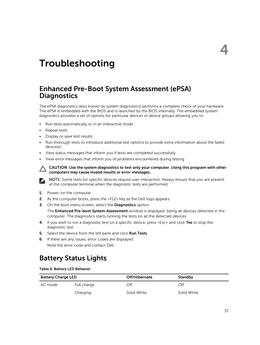 Dell P41G002 owner manual Troubleshooting, Enhanced Pre-Boot System Assessment ePSA Diagnostics, Battery Status Lights 