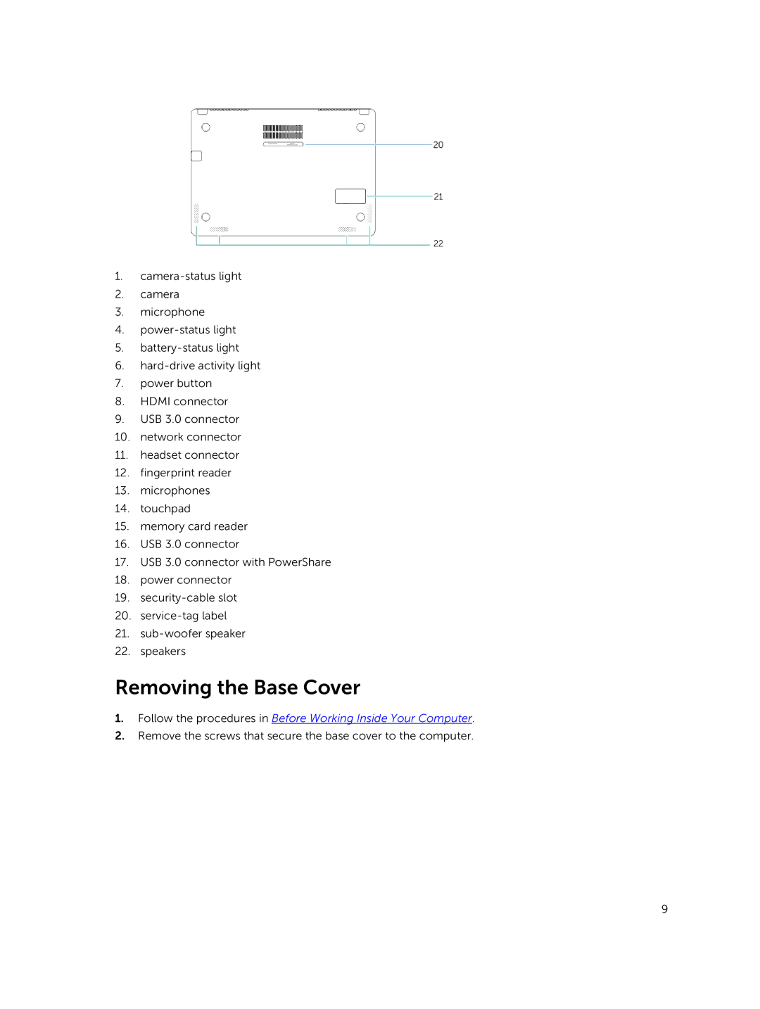 Dell P41G002 owner manual Removing the Base Cover 