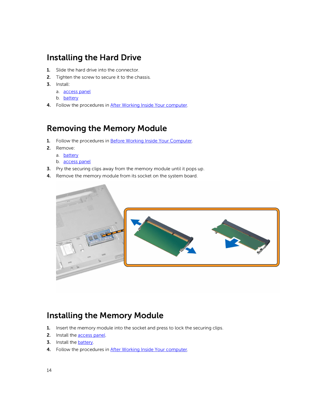 Dell P45F001 owner manual Installing the Hard Drive, Removing the Memory Module, Installing the Memory Module 