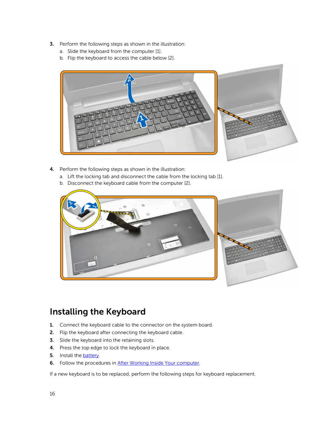 Dell P45F001 owner manual Installing the Keyboard 