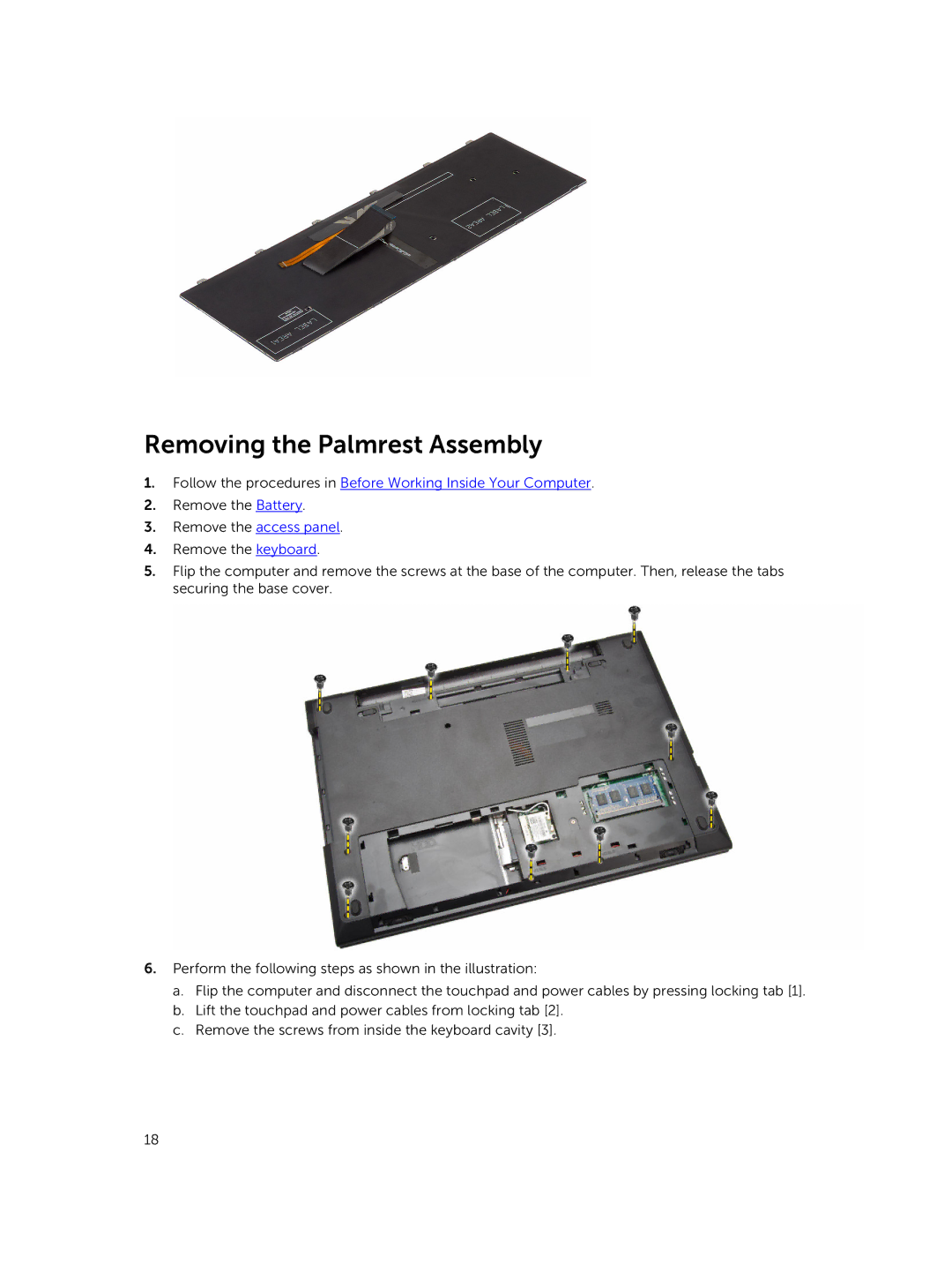 Dell P45F001 owner manual Removing the Palmrest Assembly 