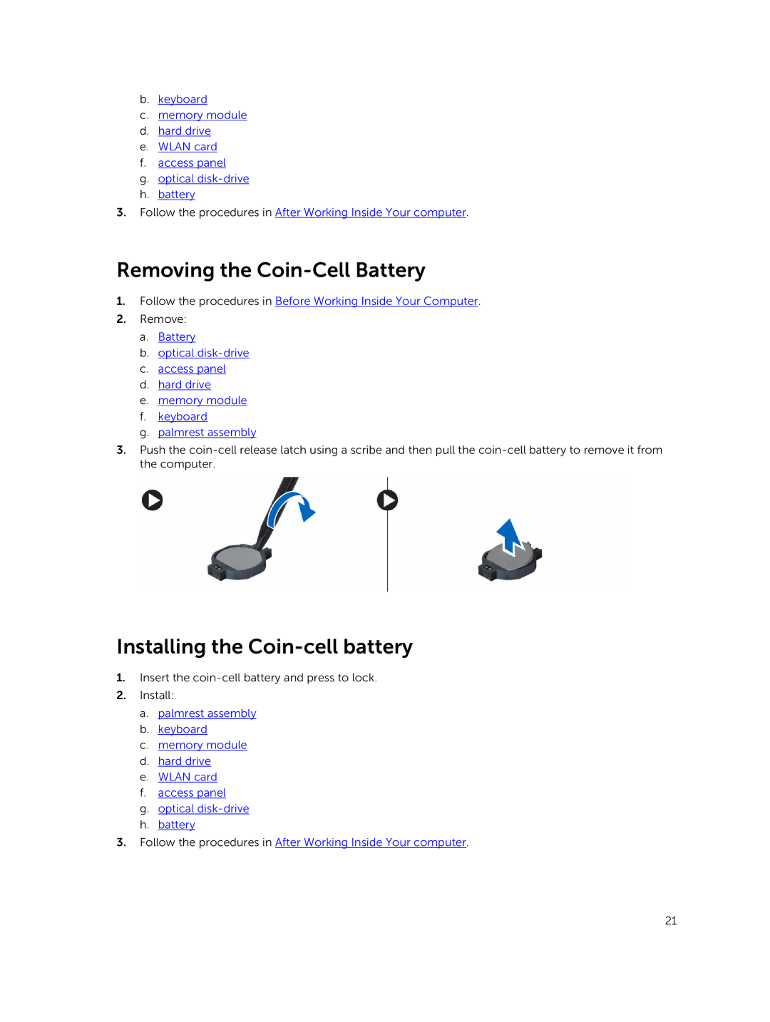 Dell P45F001 owner manual Removing the Coin-Cell Battery, Installing the Coin-cell battery 