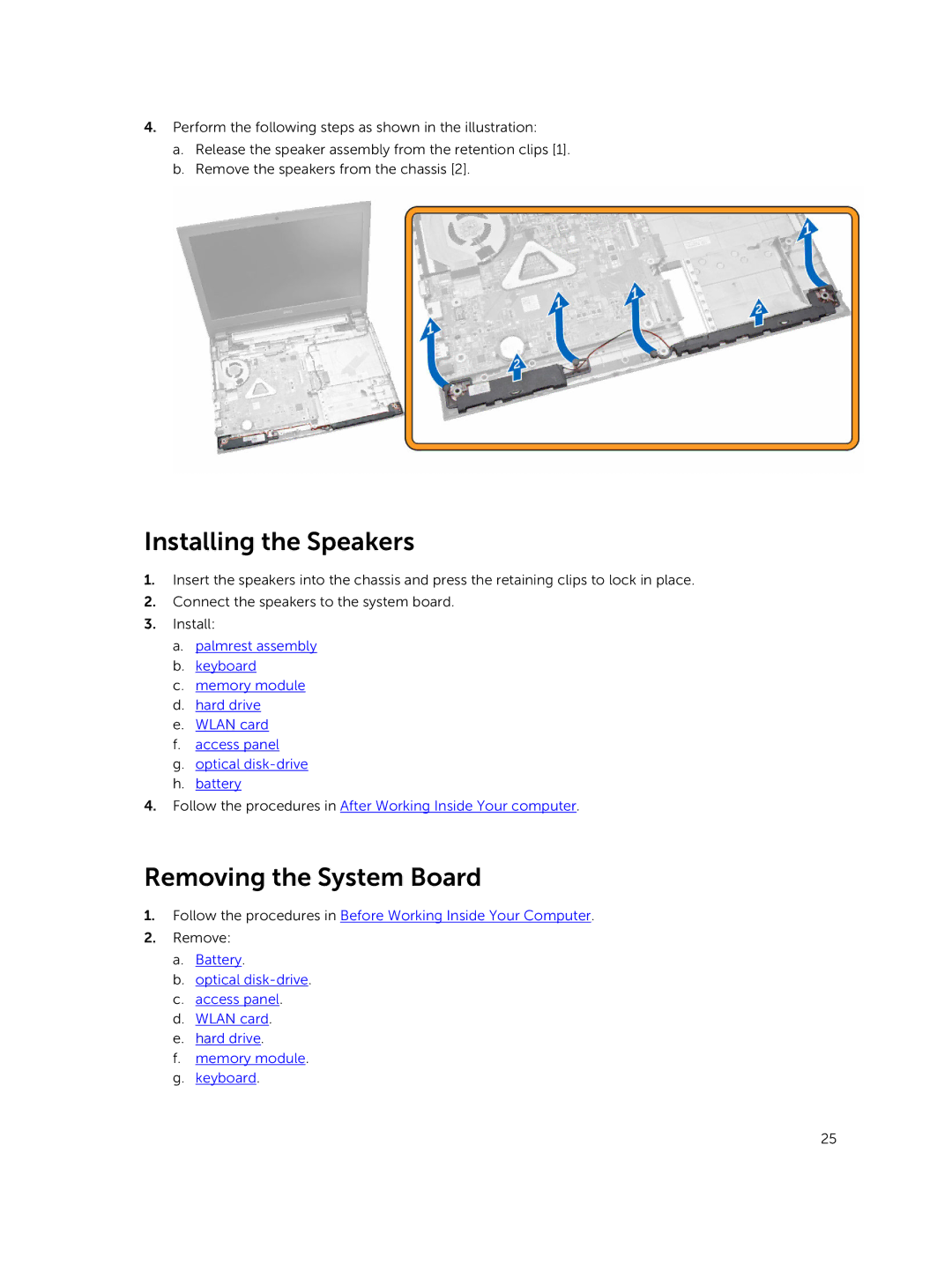 Dell P45F001 owner manual Installing the Speakers, Removing the System Board 