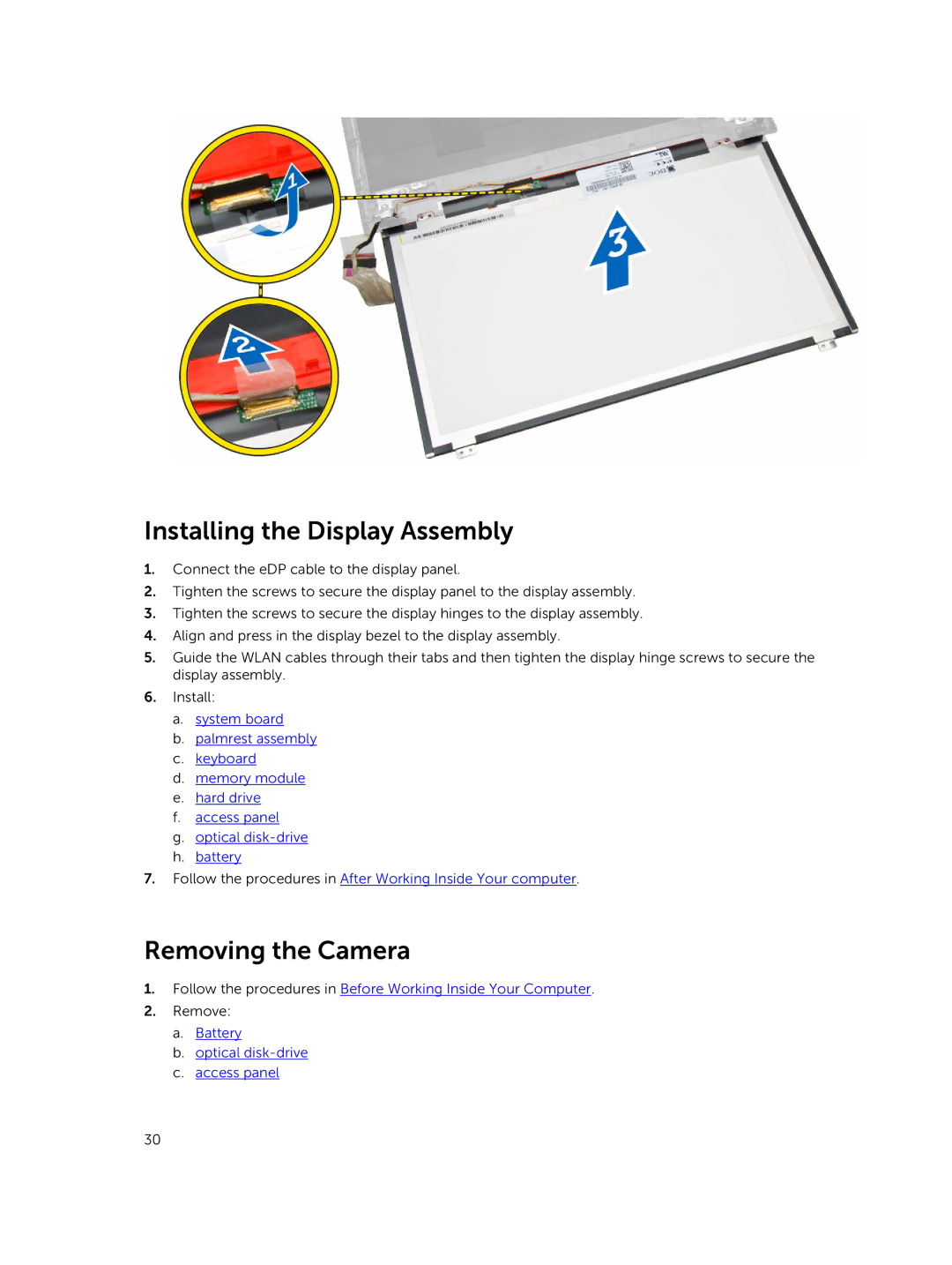 Dell P45F001 owner manual Installing the Display Assembly, Removing the Camera 