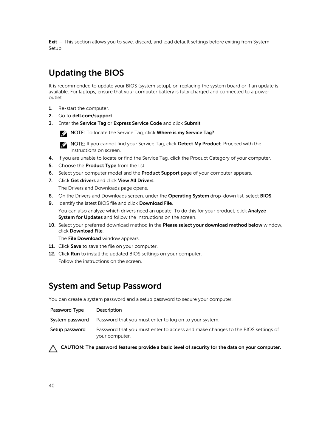 Dell P45F001 owner manual Updating the Bios, System and Setup Password 