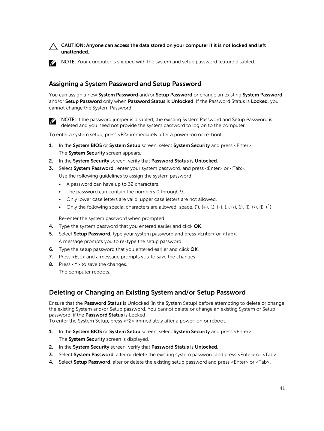 Dell P45F001 owner manual Assigning a System Password and Setup Password 