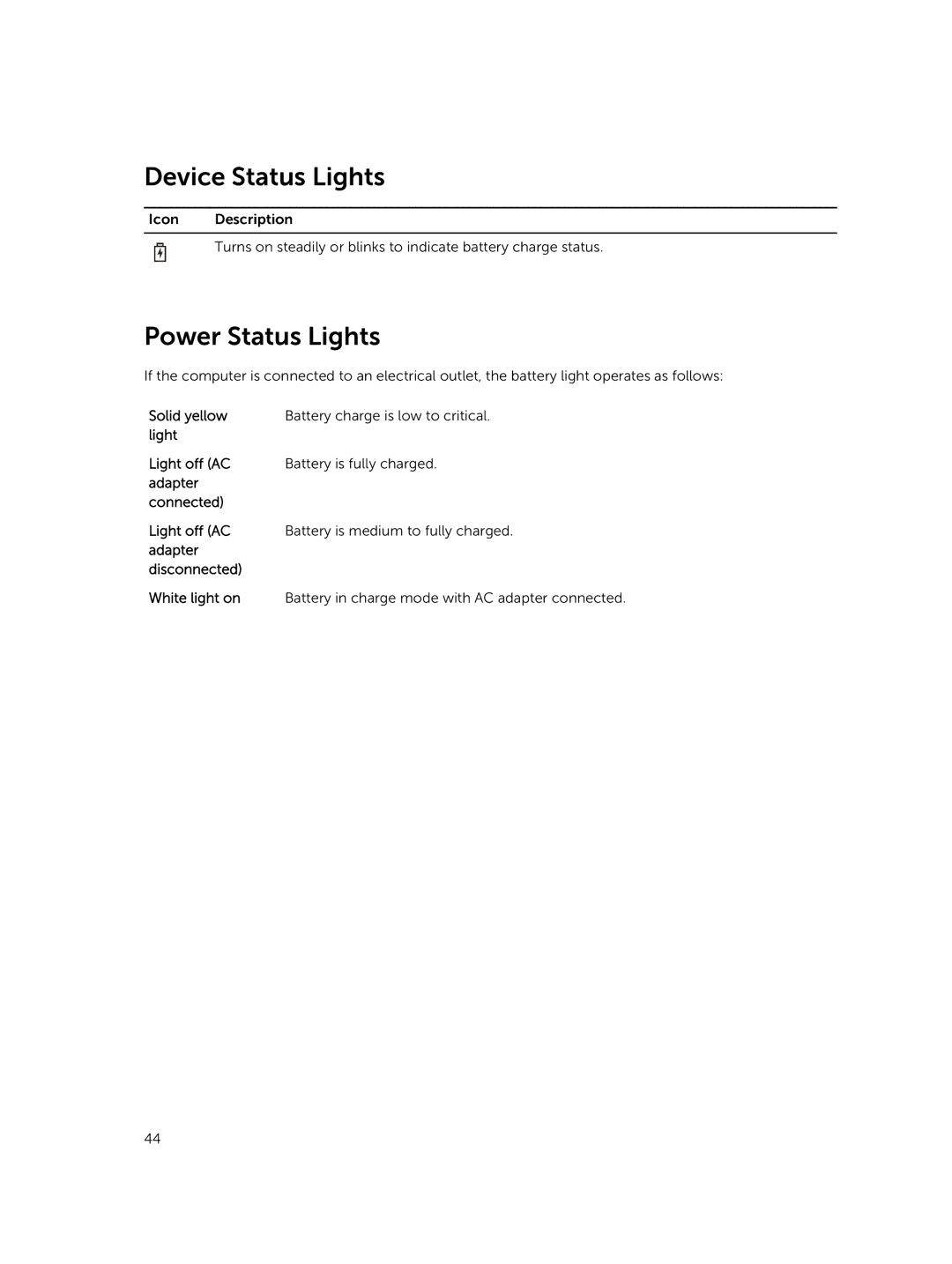 Dell P45F001 owner manual Device Status Lights, Power Status Lights 