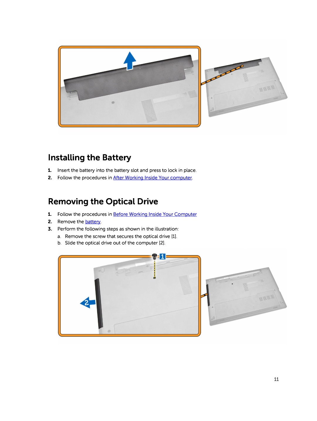 Dell P45F001 owner manual Installing the Battery, Removing the Optical Drive 