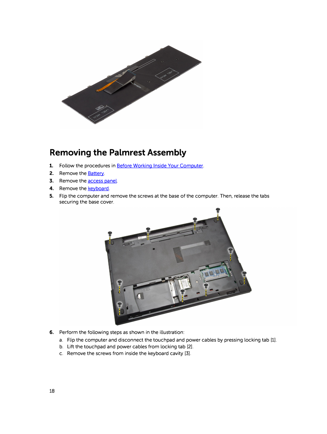 Dell P45F001 owner manual Removing the Palmrest Assembly 