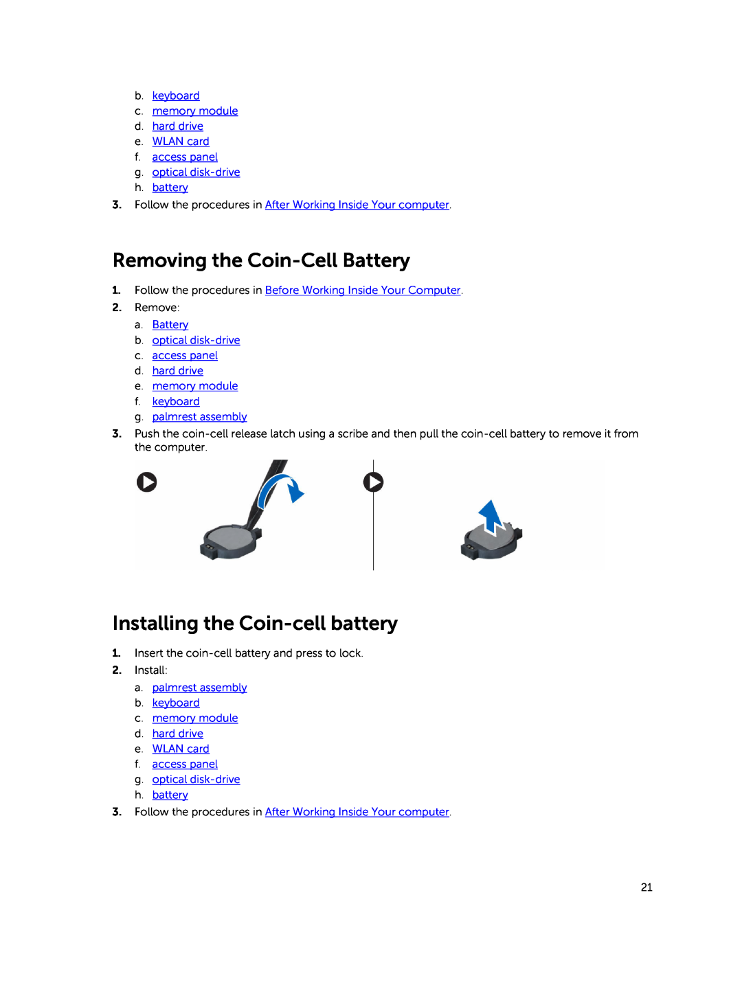 Dell P45F001 owner manual Removing the Coin-Cell Battery, Installing the Coin-cell battery, Remove 